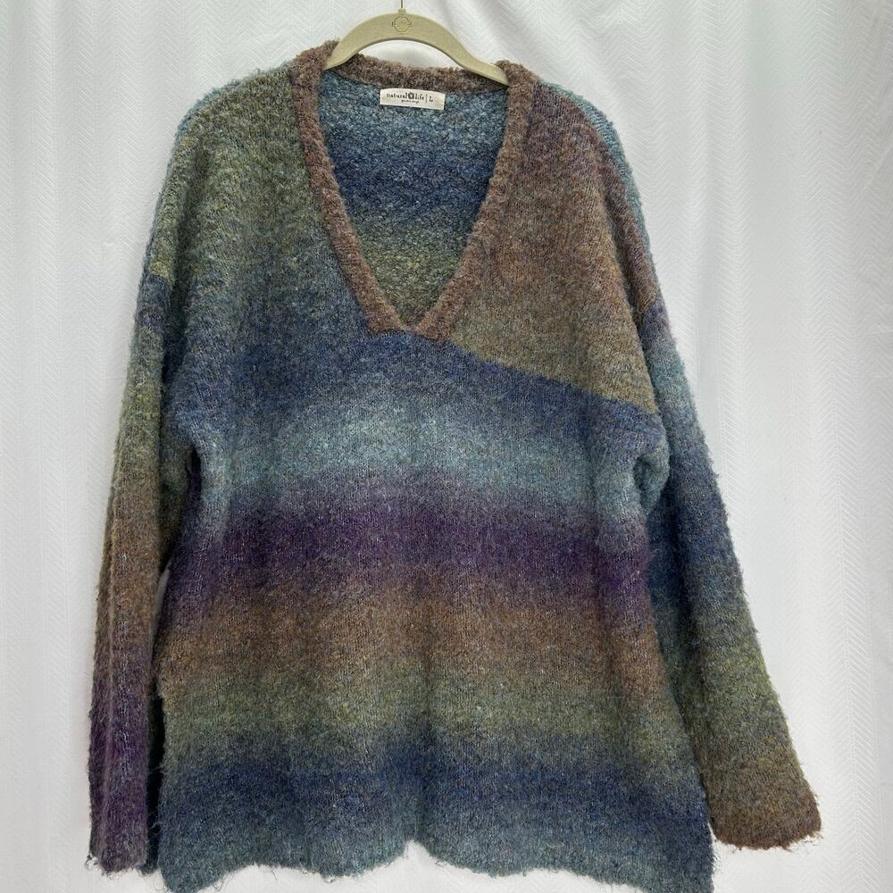 Natural Live wool blend sweater large multi color striped long sleeves